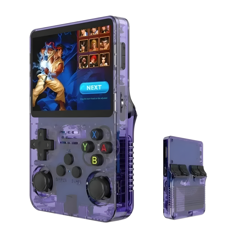 Console R36S portable rétro de couleur violet transparent avec écran IPS activé