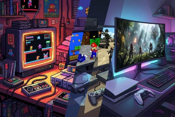 Evolución de las consolas: de un dormitorio de 8 bits en pixel art a un escritorio actual con consola y PC
