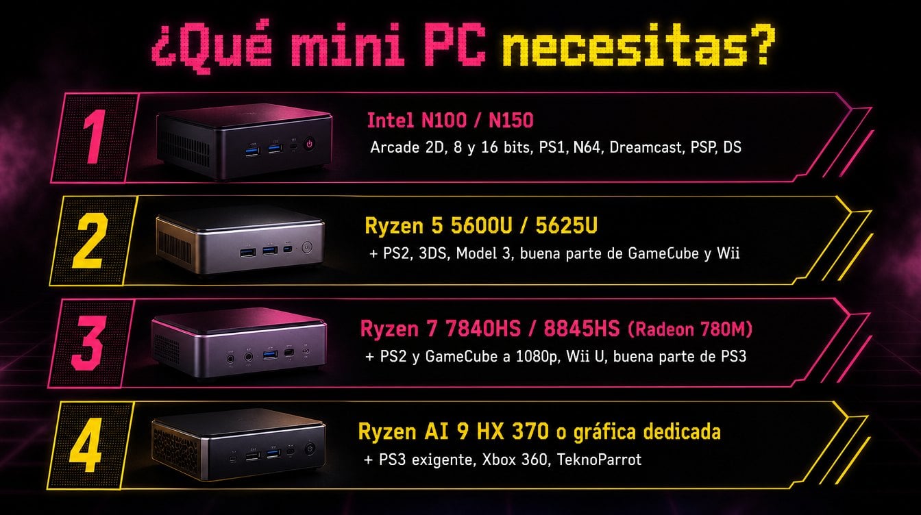Los cuatro escalones de mini PC para emular: Intel N100, Ryzen 5 5600U, Ryzen 7 con Radeon 780M y Ryzen AI 9 HX 370 o gráfica dedicada