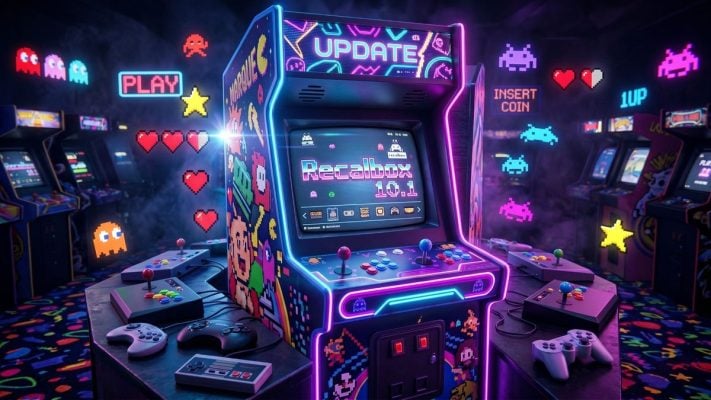 Borne d'arcade affichant l'écran d'accueil de Recalbox 10.1