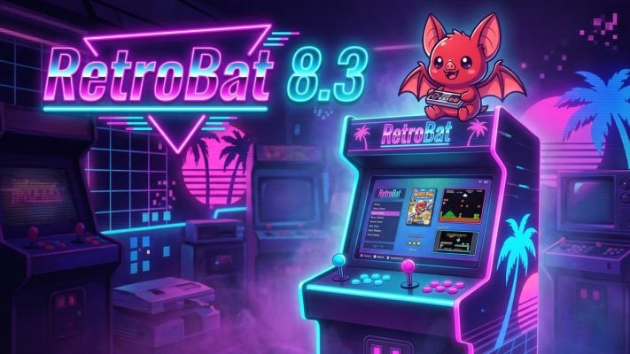 Borne d’arcade affichant RetroBat 8.3 à l’écran