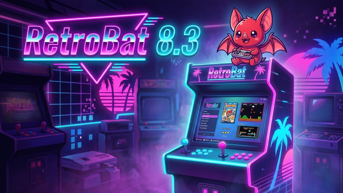 Borne d’arcade affichant RetroBat 8.3 à l’écran